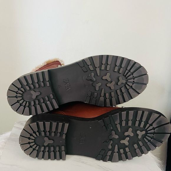 Zara Leather Lace Up Mountain Faux Fur Ankle Boots, Brown, Euro 38 (US 8), NWOT - Picture 13 of 15